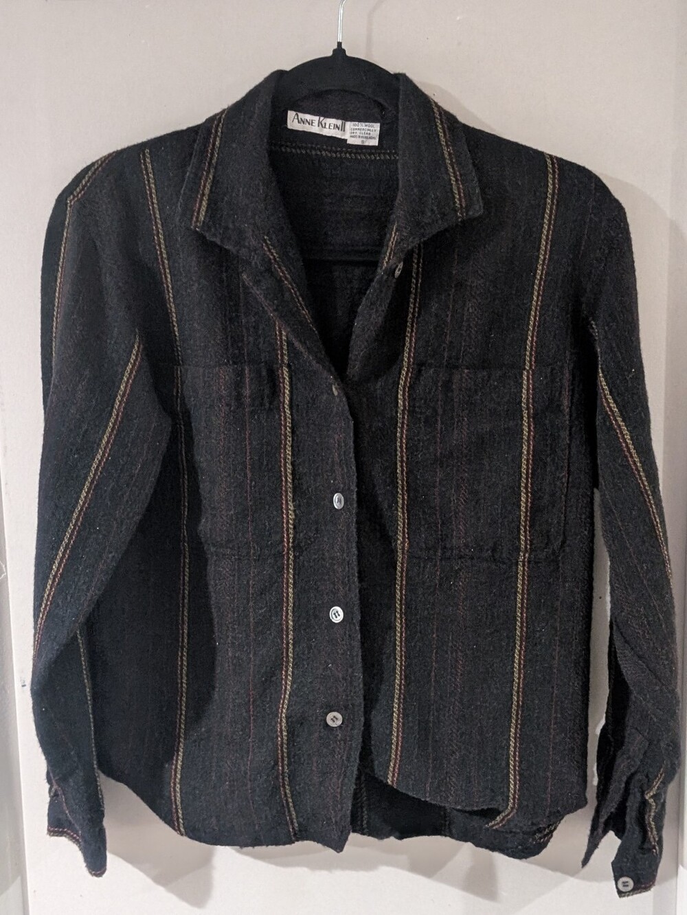 Anne Klein Black Button-Up Jacket with Tan/Gold Stripe